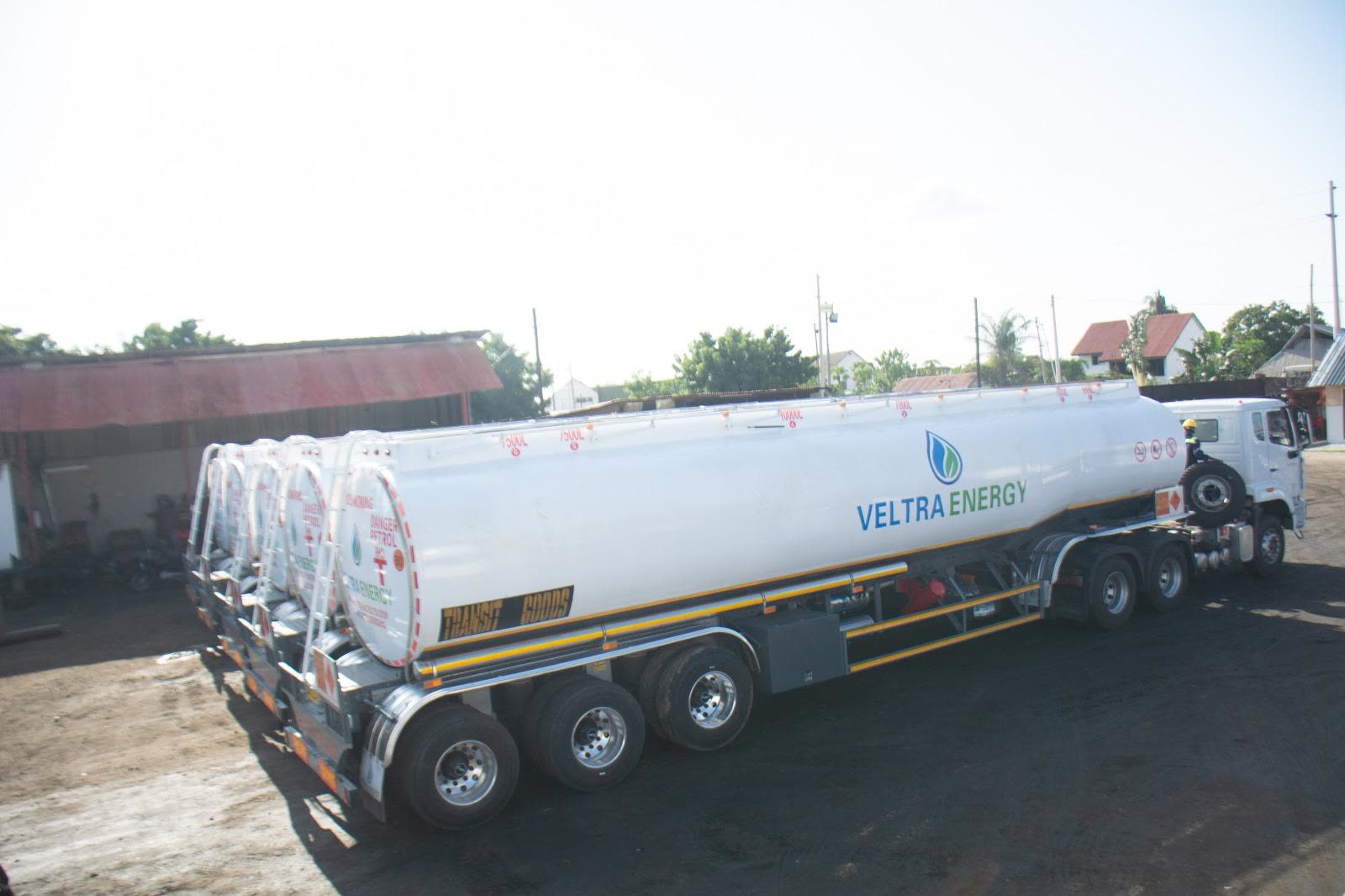 Veltra Energy branded fuel tanker, side view