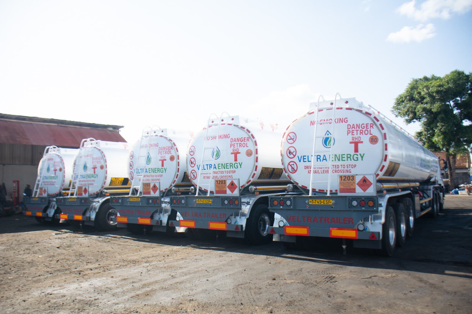 Rear view of Veltra Energy tankers with hazard placards